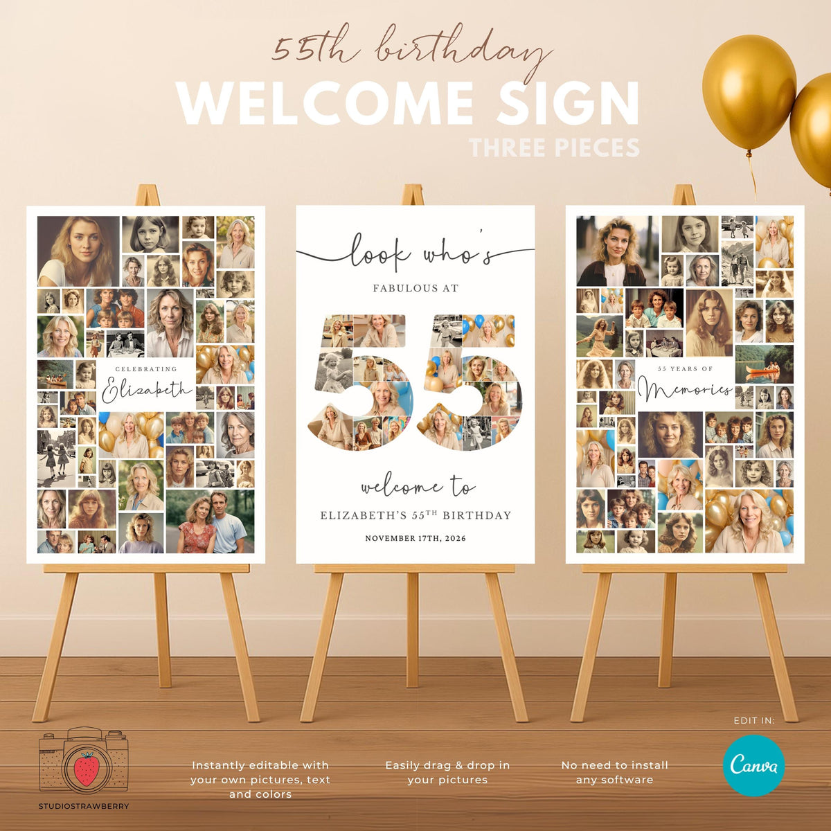 Editable 55th birthday welcome sign with photo collage, customizable in Canva