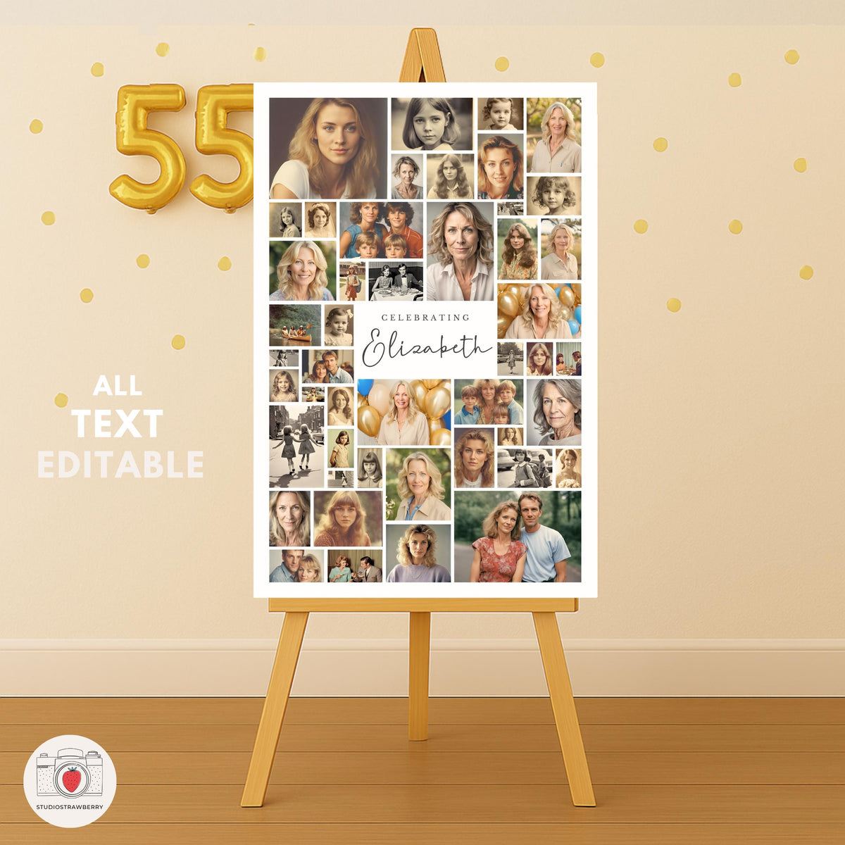 Custom 55th birthday poster with photo grid and editable name