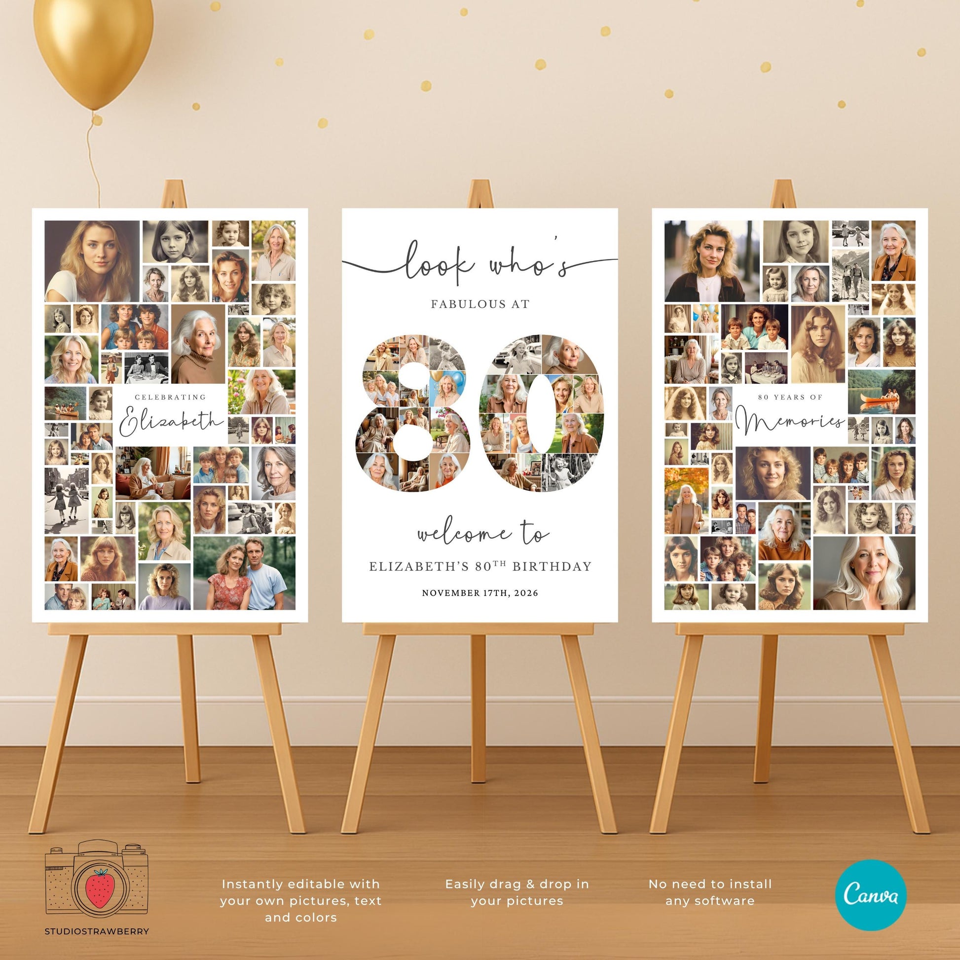 Editable 80th birthday party signs set of three