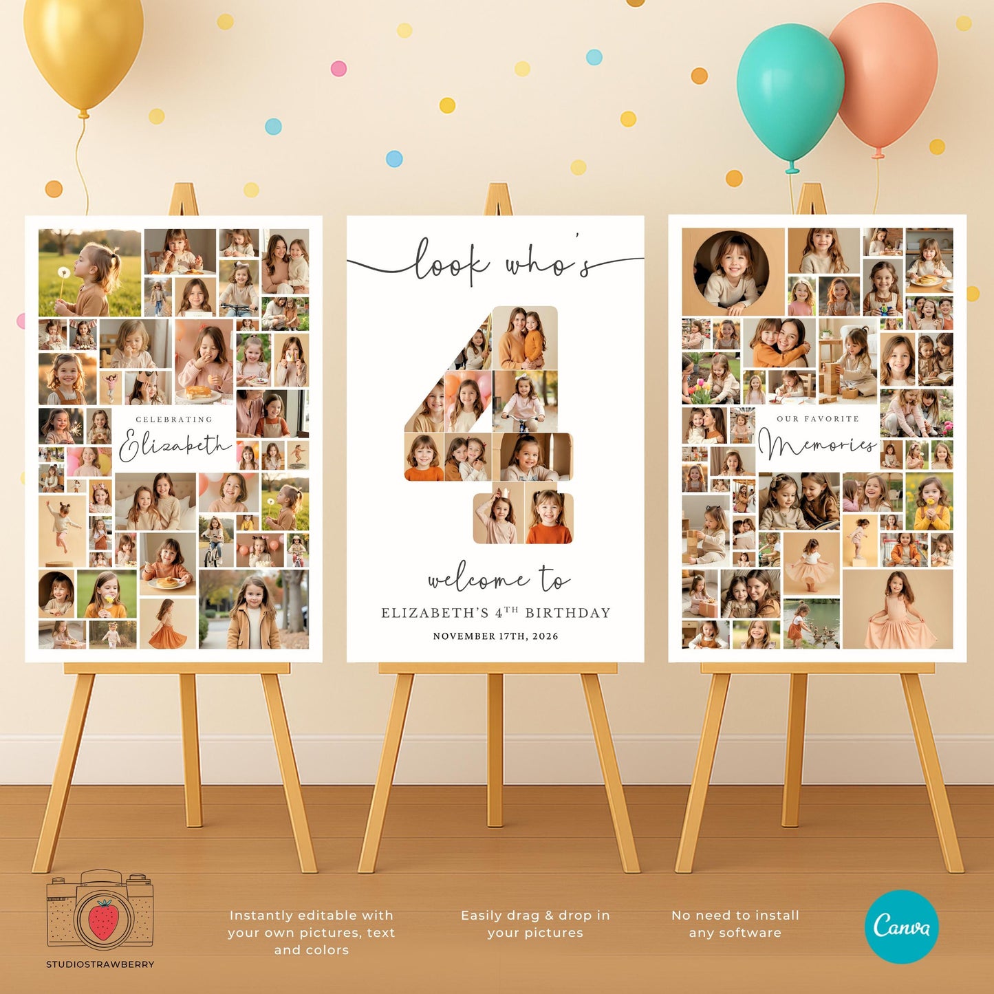 Printable 4th birthday decor for kids with photo display