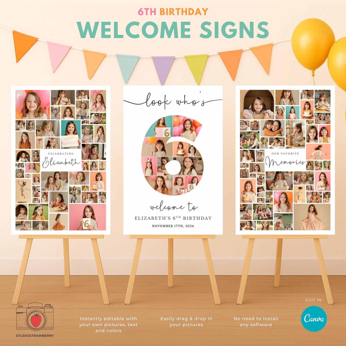 Editable 6th birthday photo collage sign for boys and girls