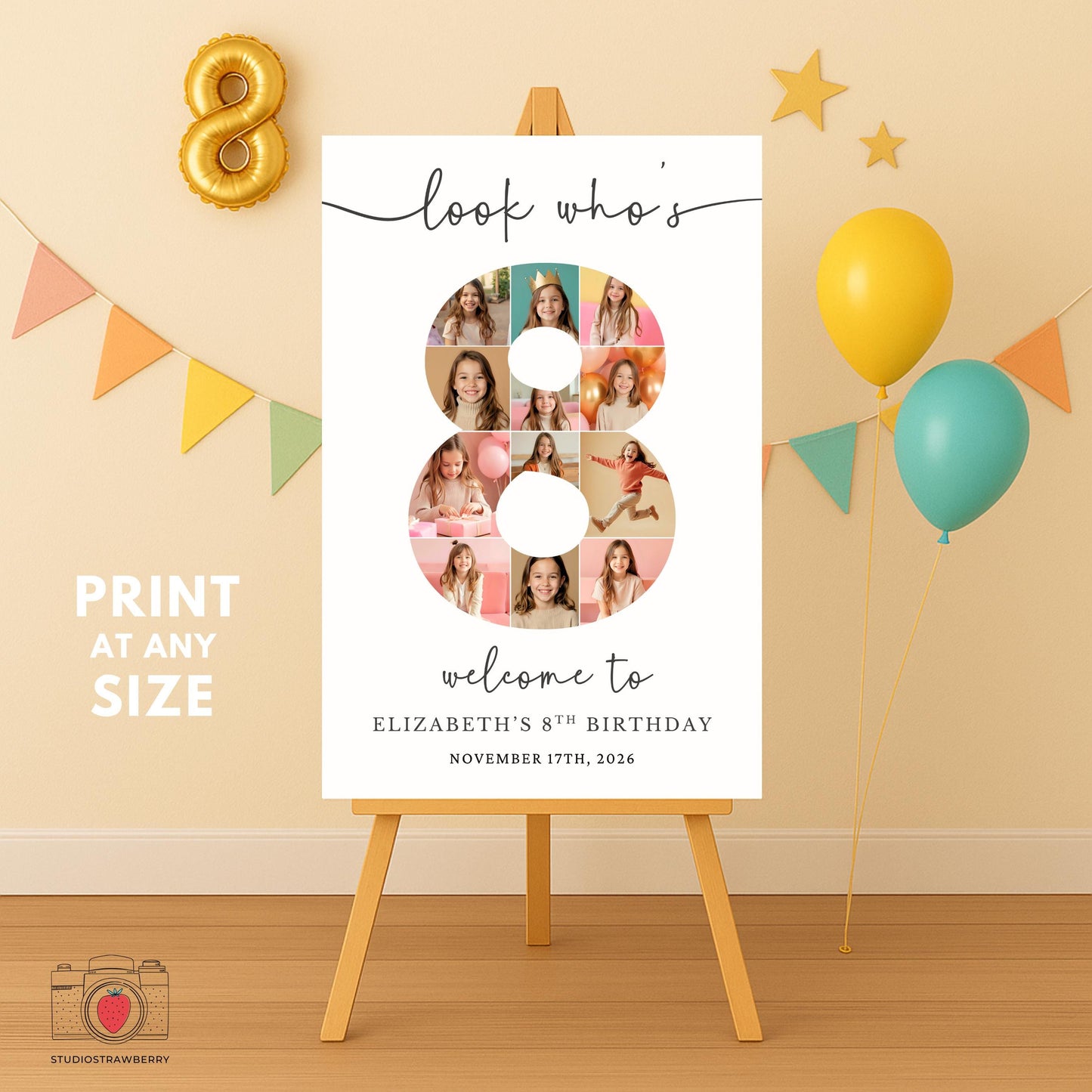 Canva number 8 photo collage birthday poster