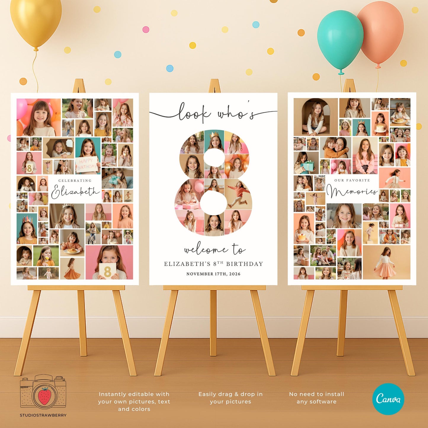 Number 8 birthday collage sign with editable text
