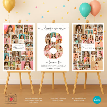 Number 8 birthday collage sign with editable text