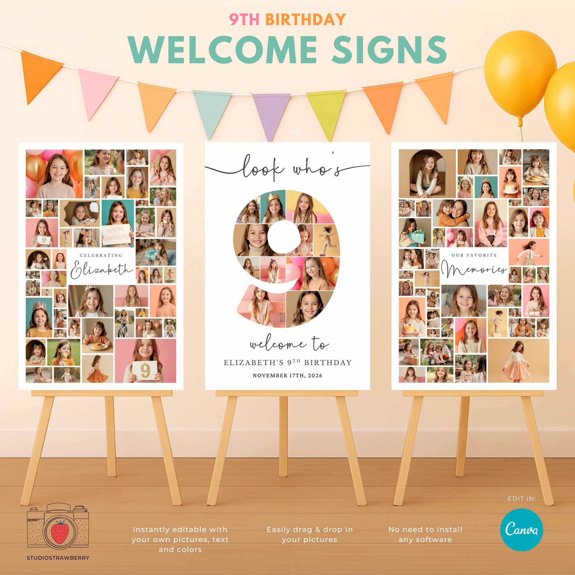 Editable 9th birthday photo collage sign for kids