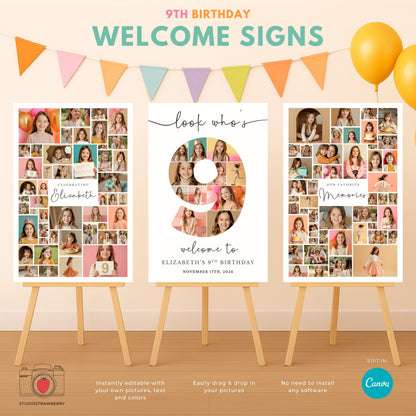 Editable 9th birthday photo collage sign for kids