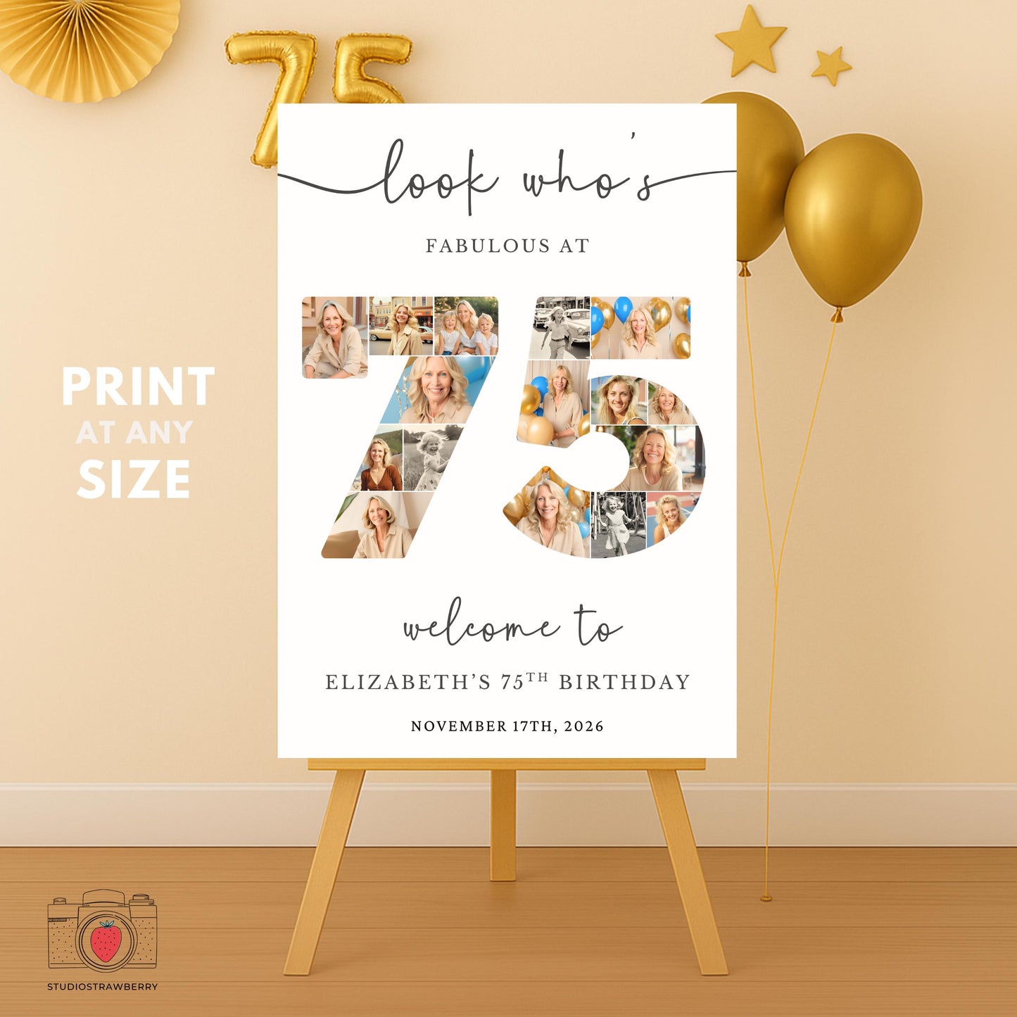 Editable 75th birthday poster template shown on mobile screen