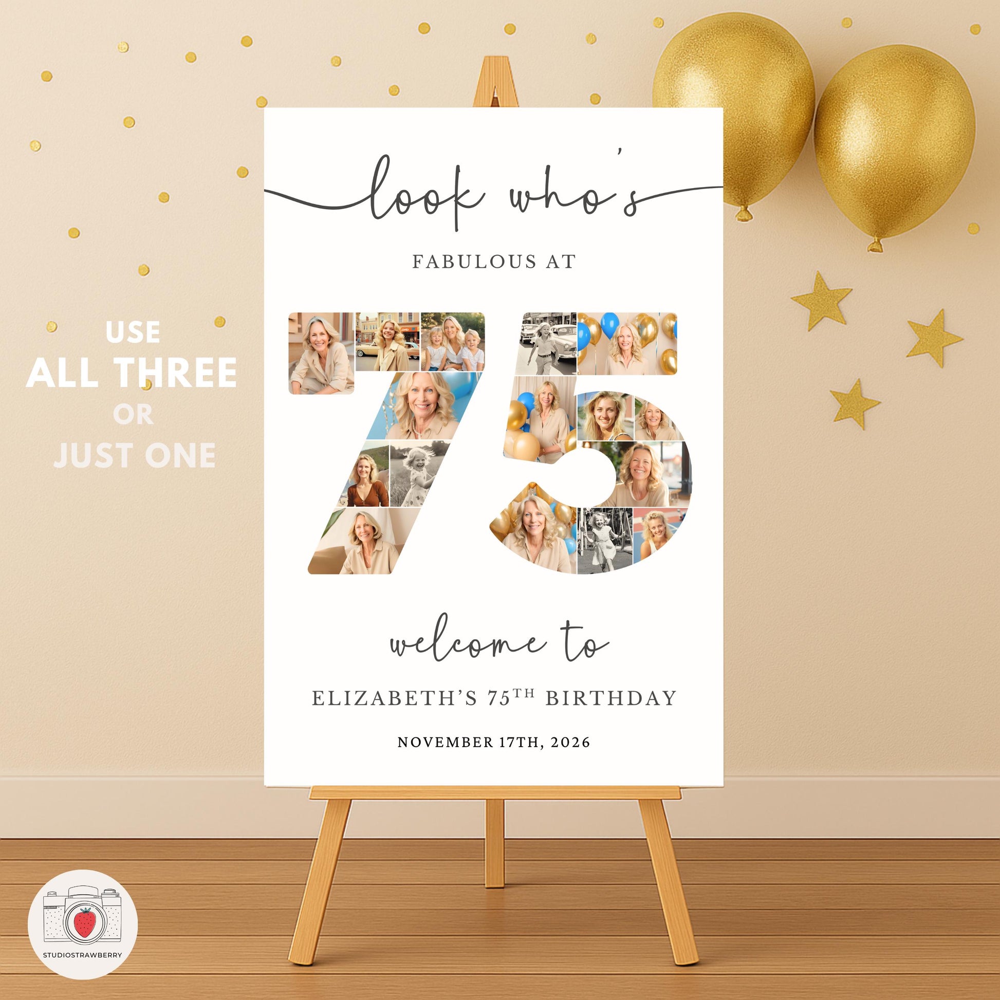 Printable 75th birthday poster for women with elegant layout
