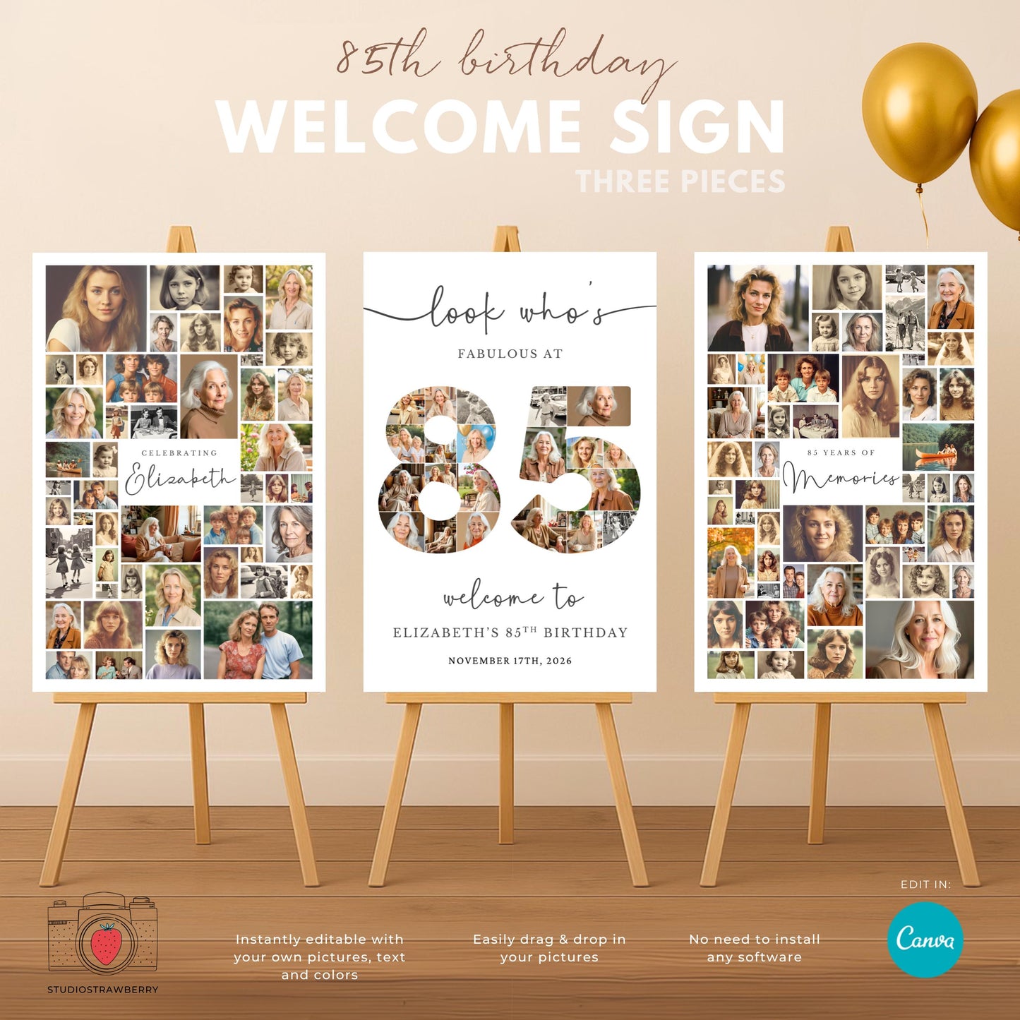 Editable 85th birthday photo collage sign with customizable text and layout.