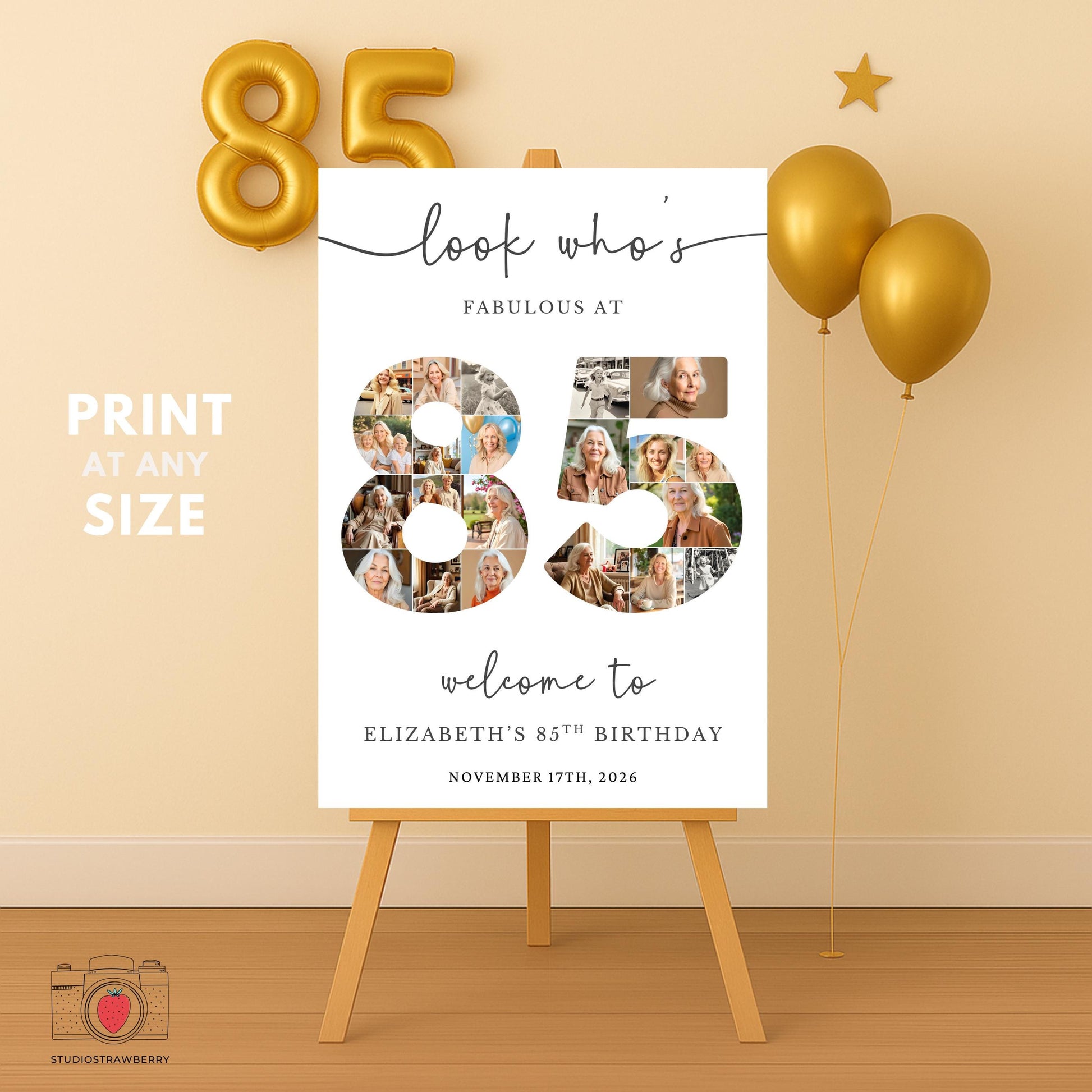 Canva template for 85th birthday party welcome sign with personalized photo collage.