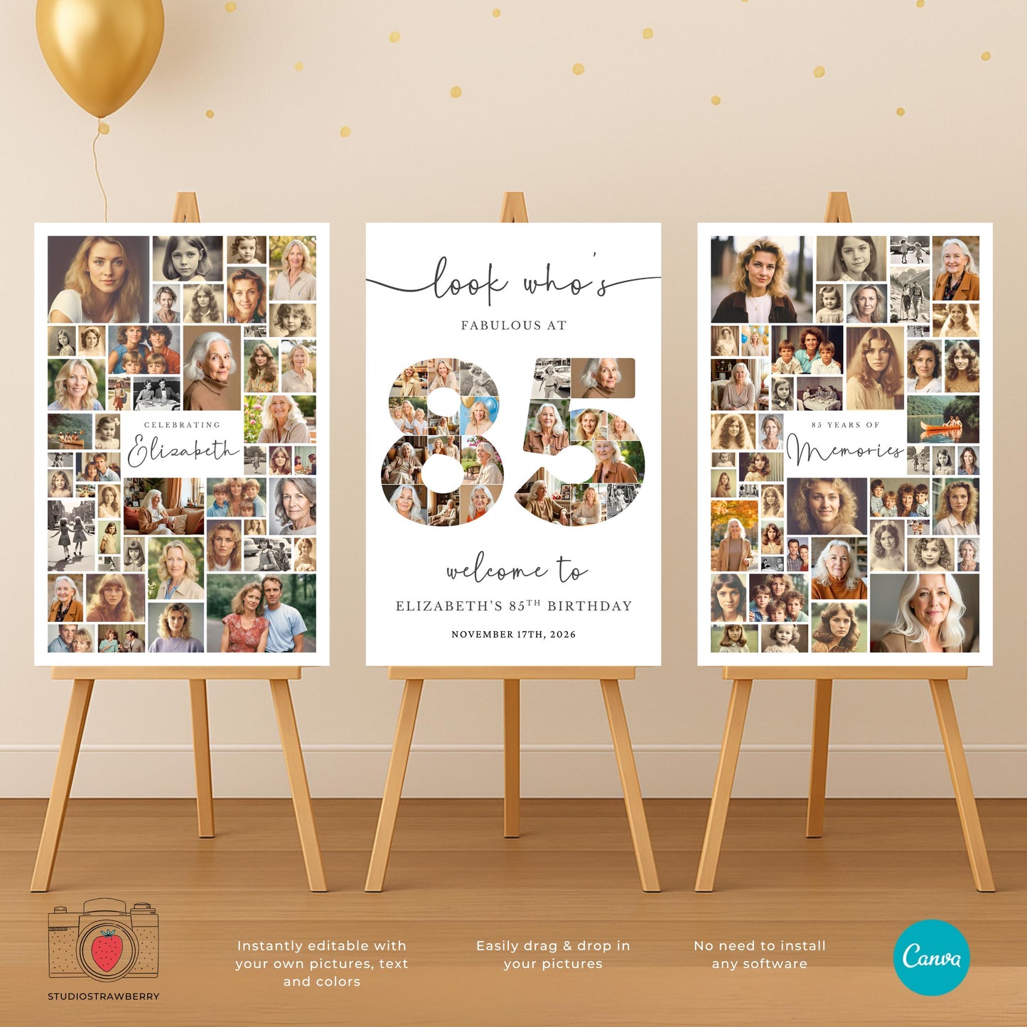 Personalized 85th birthday decorations featuring family photo collage.