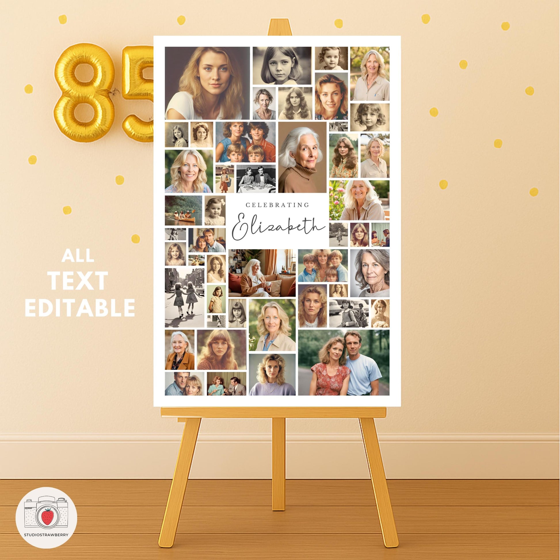 Canva editable 85th birthday photo display sign for women.