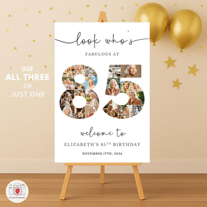 Elegant 85 years of memories photo sign for birthday celebration.