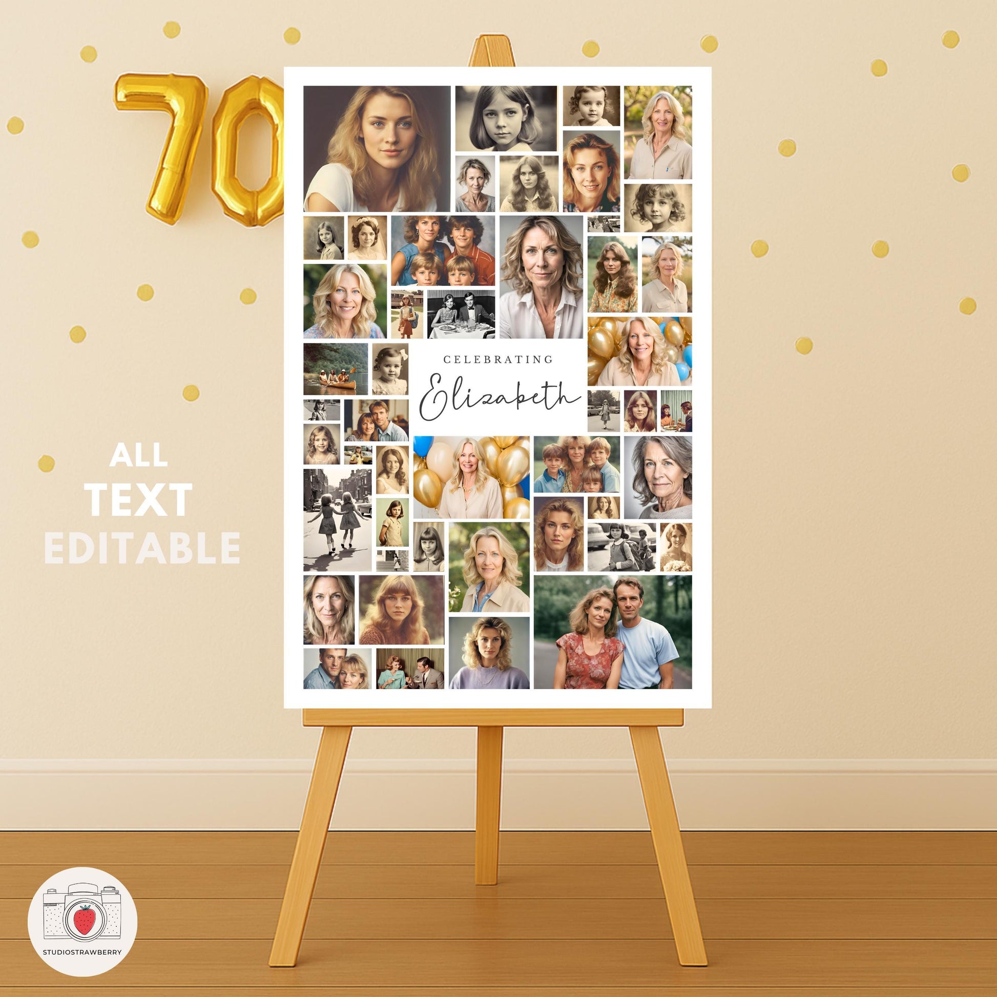 Canva editable set of 70th birthday collage templates for welcome signage and printable party décor