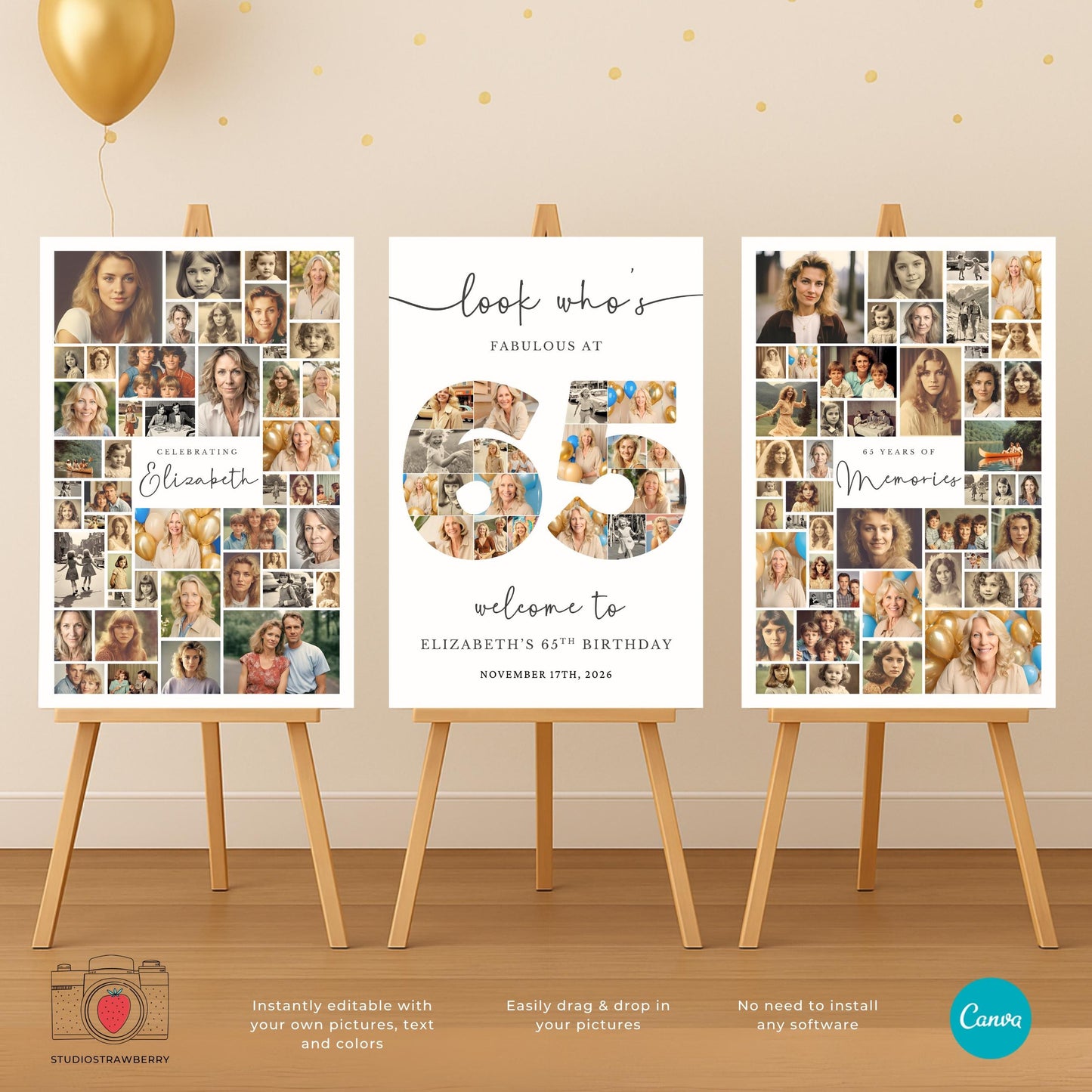Printable 65th birthday decor poster set displayed on easels