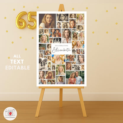 Digital 65th birthday photo collage template with editable text in Canva