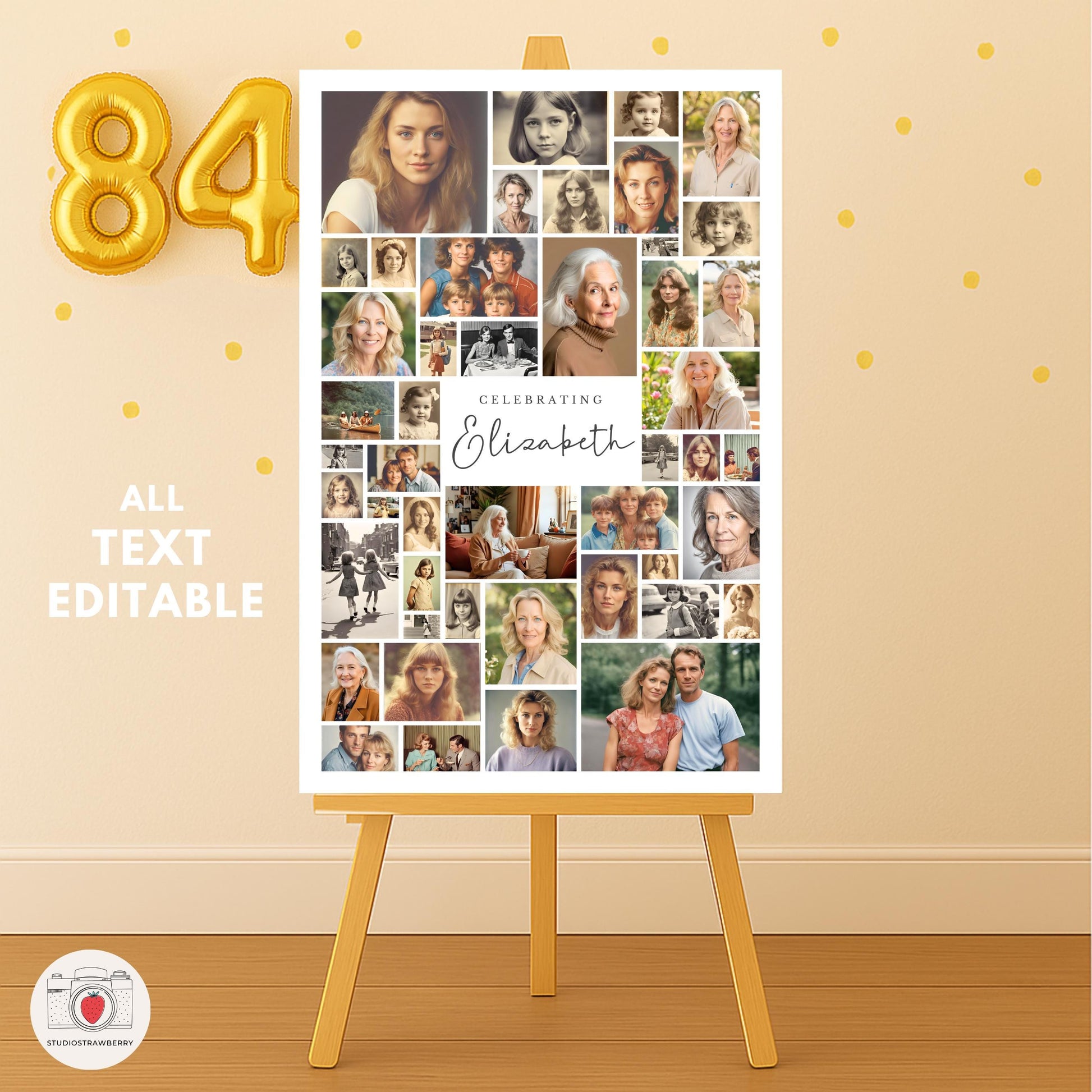 Editable 84th birthday sign with vintage and modern photos