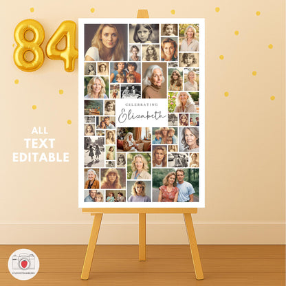 Editable 84th birthday sign with vintage and modern photos