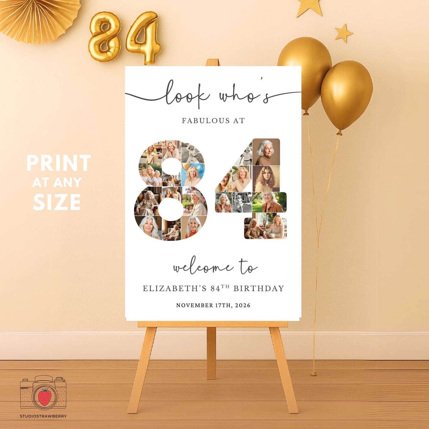 Printable 84th birthday party sign featuring number photo collage