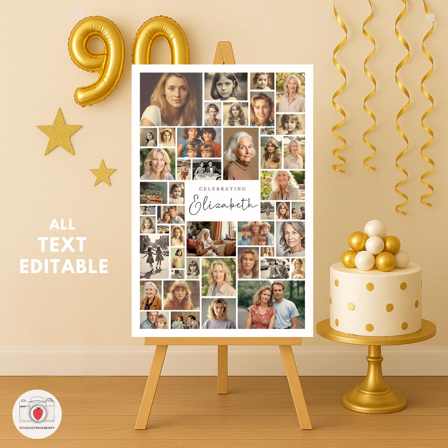 Custom 90th birthday poster with 90 in photos