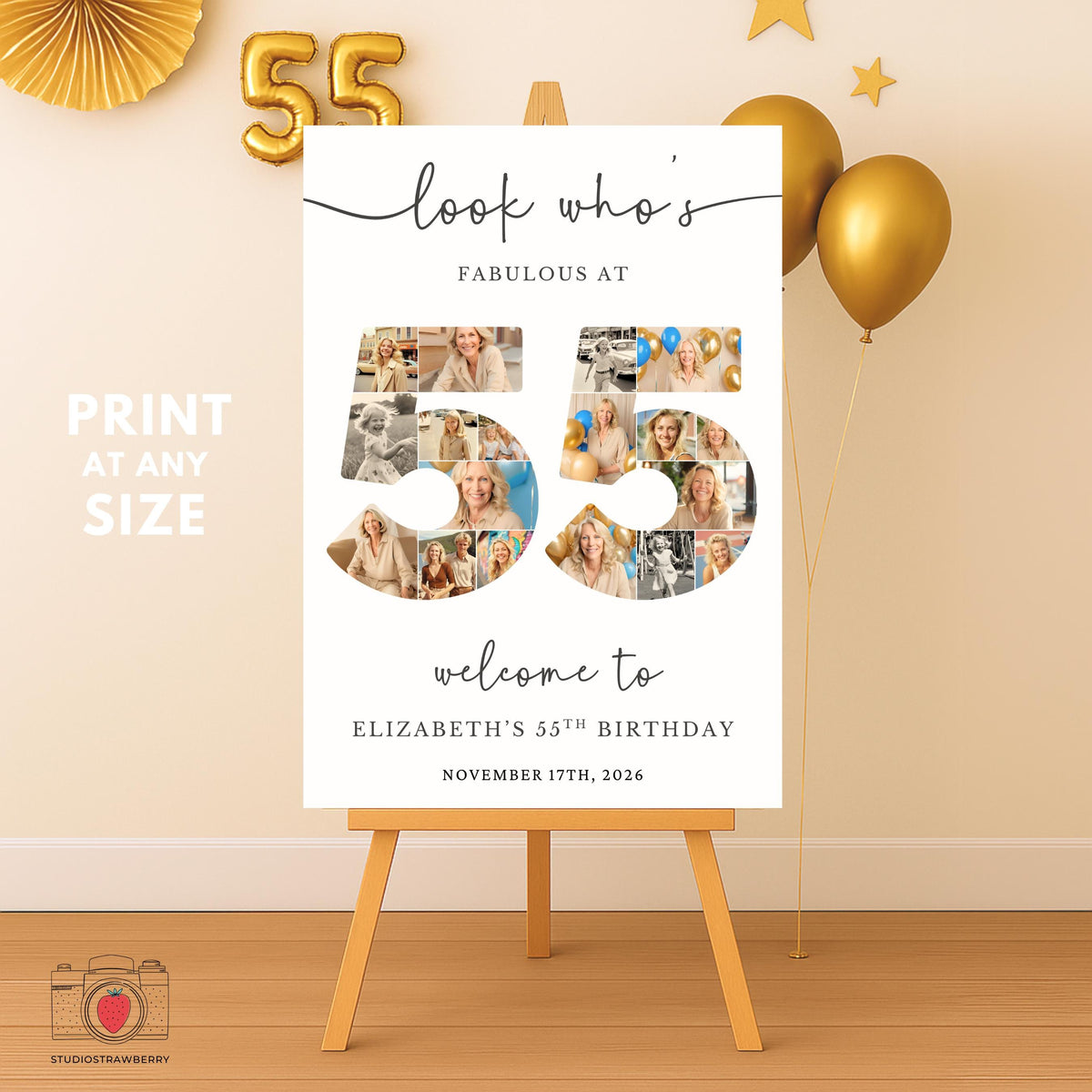 Printable 55th birthday party photo collage poster with number design