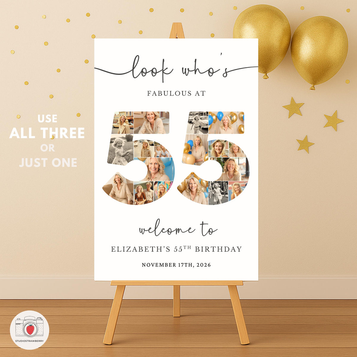 55 years of memories birthday collage sign, editable in Canva