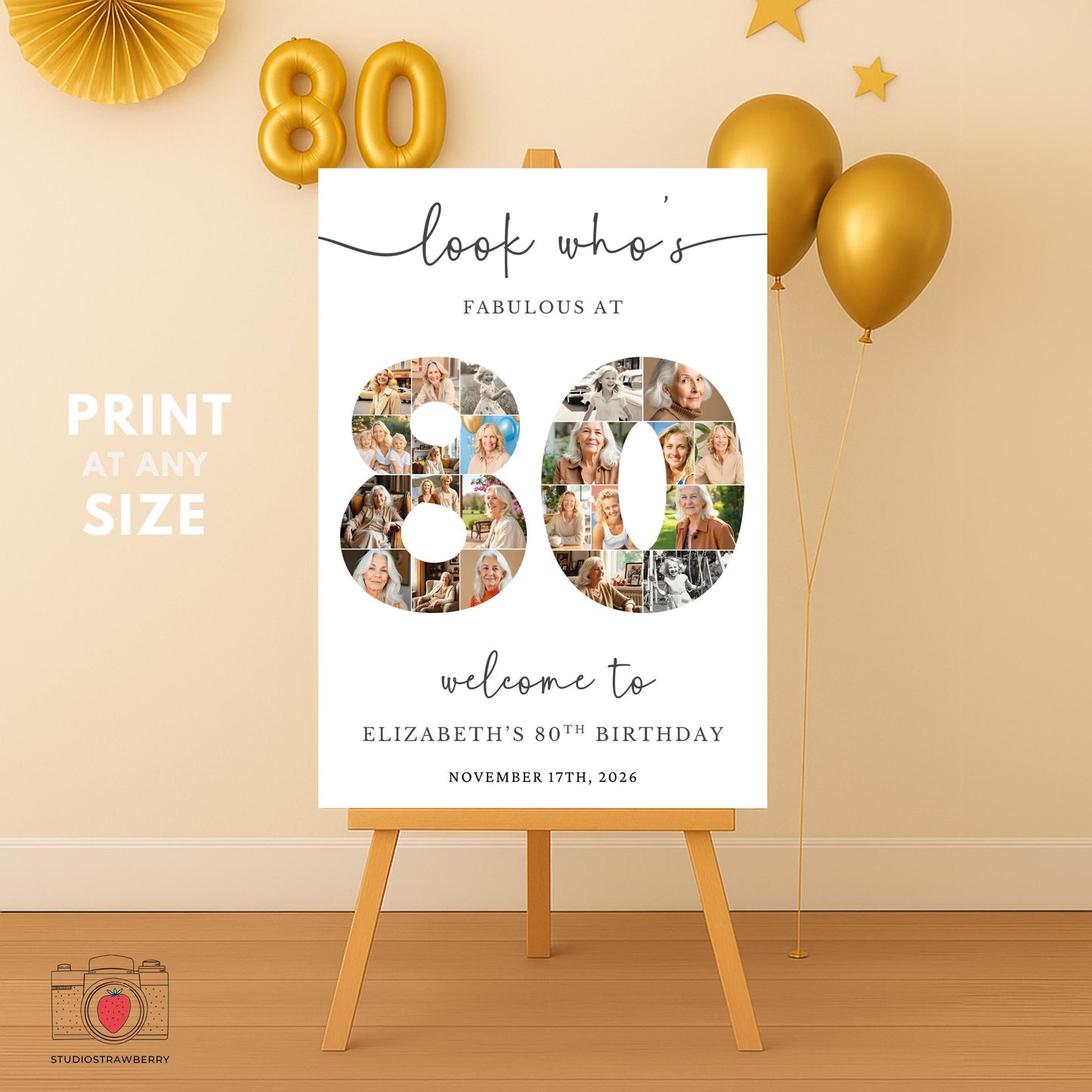 Printable 80th birthday number collage sign with photos