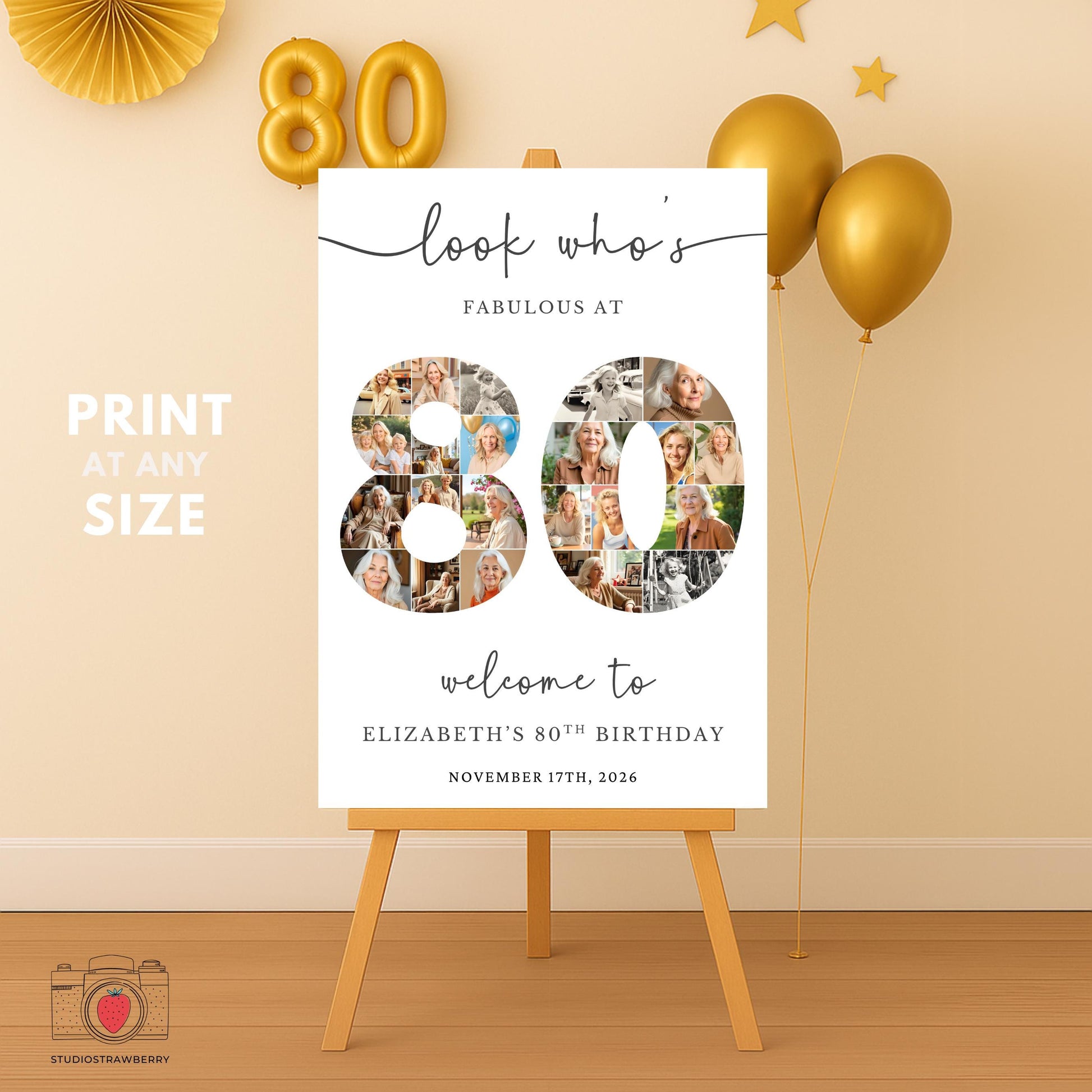 Printable 80th birthday number collage sign with photos