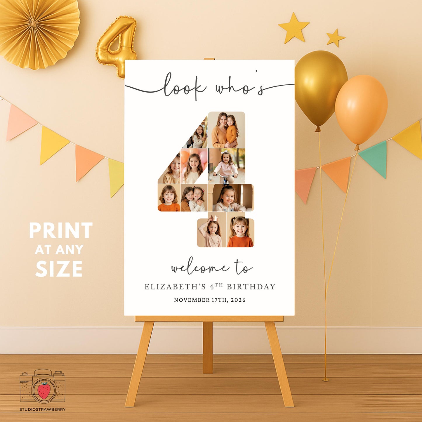 Digital birthday sign for 4 year old girl featuring number photo collage