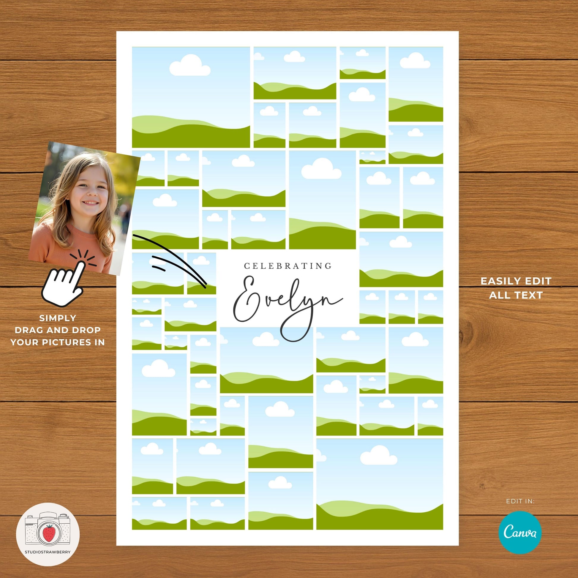 Photo collage birthday poster template for 4th birthday party