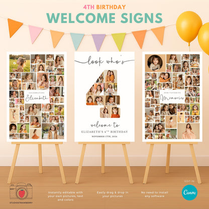 Editable 4th birthday photo collage sign with lots of pictures for girls
