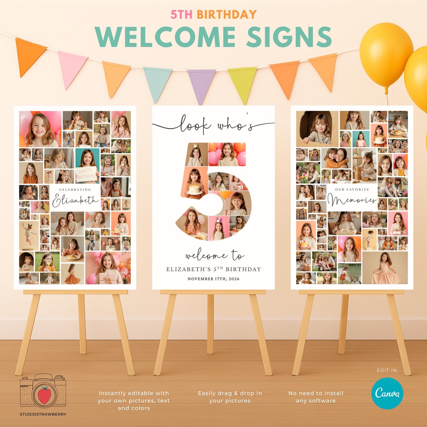 Editable 5th birthday photo collage sign template for boys and girls