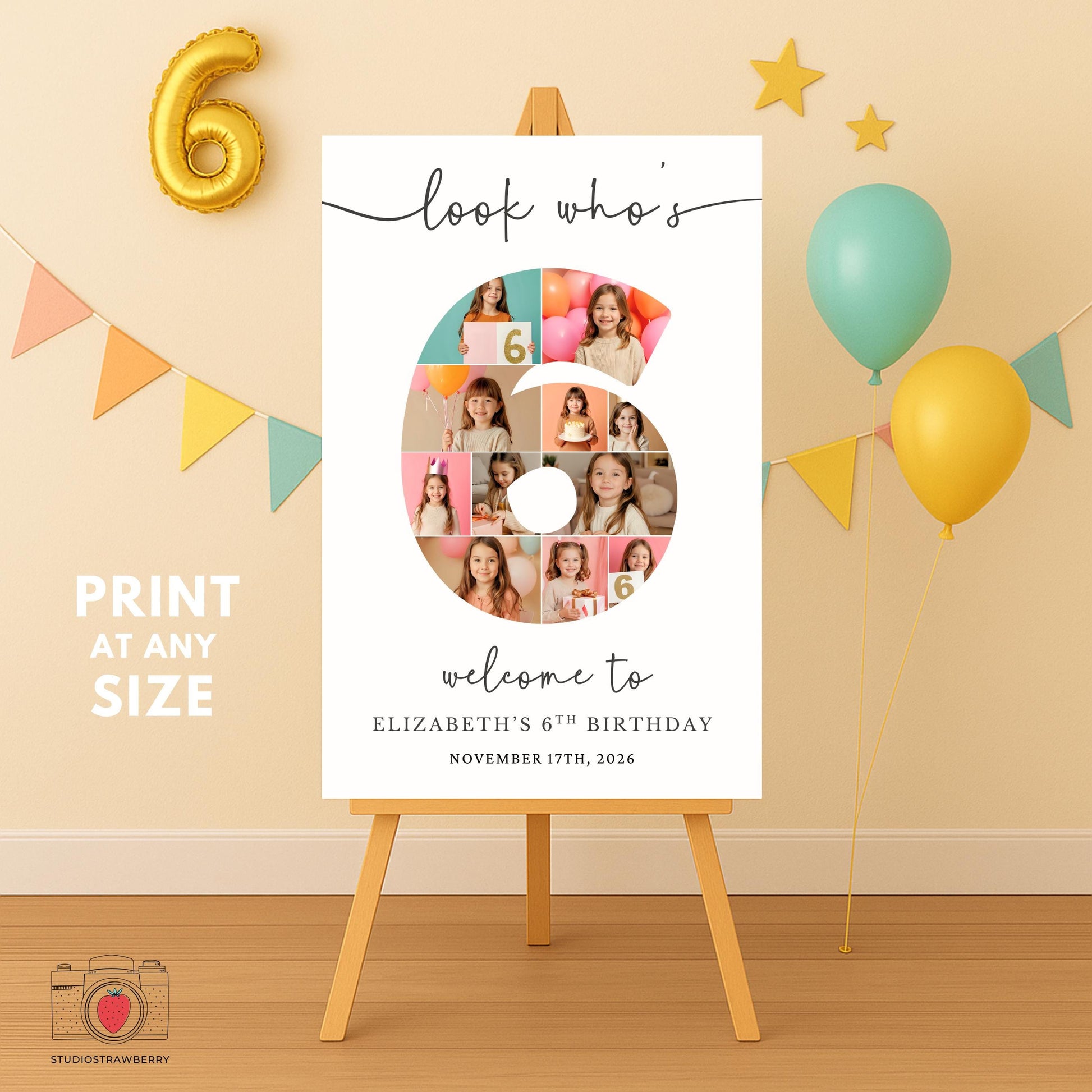 Canva number 6 photo collage birthday sign