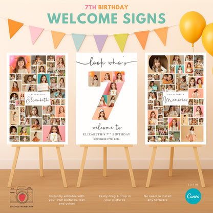 Editable 7th birthday photo collage sign for boys and girls