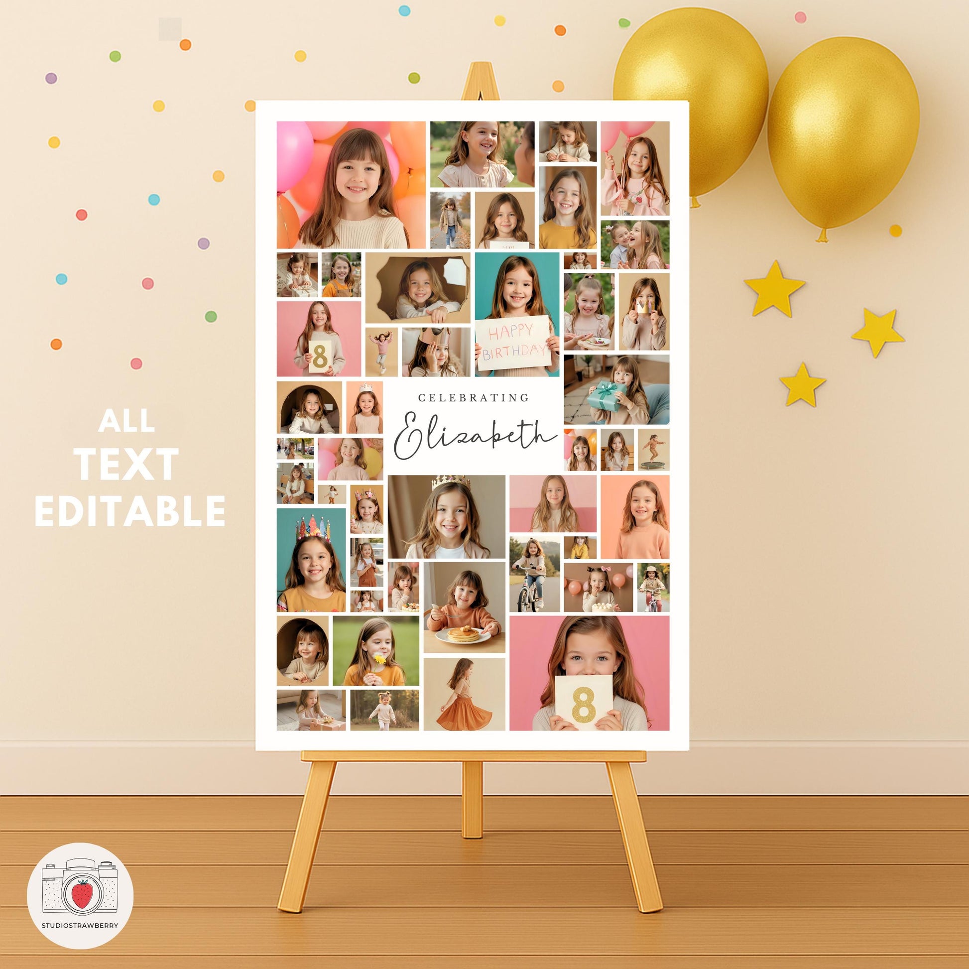 Digital 8th birthday party sign with photos