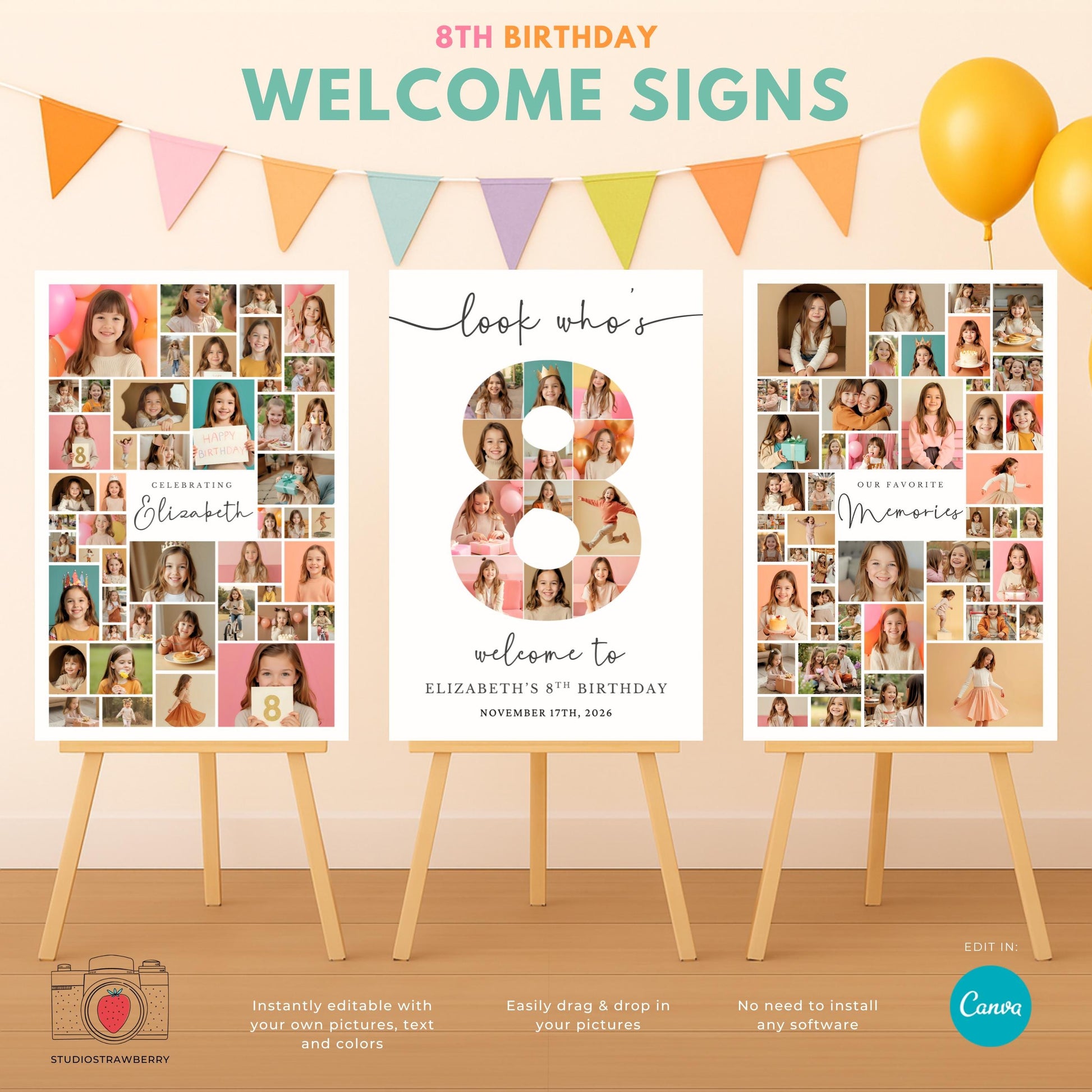 Editable 8th birthday photo collage sign template