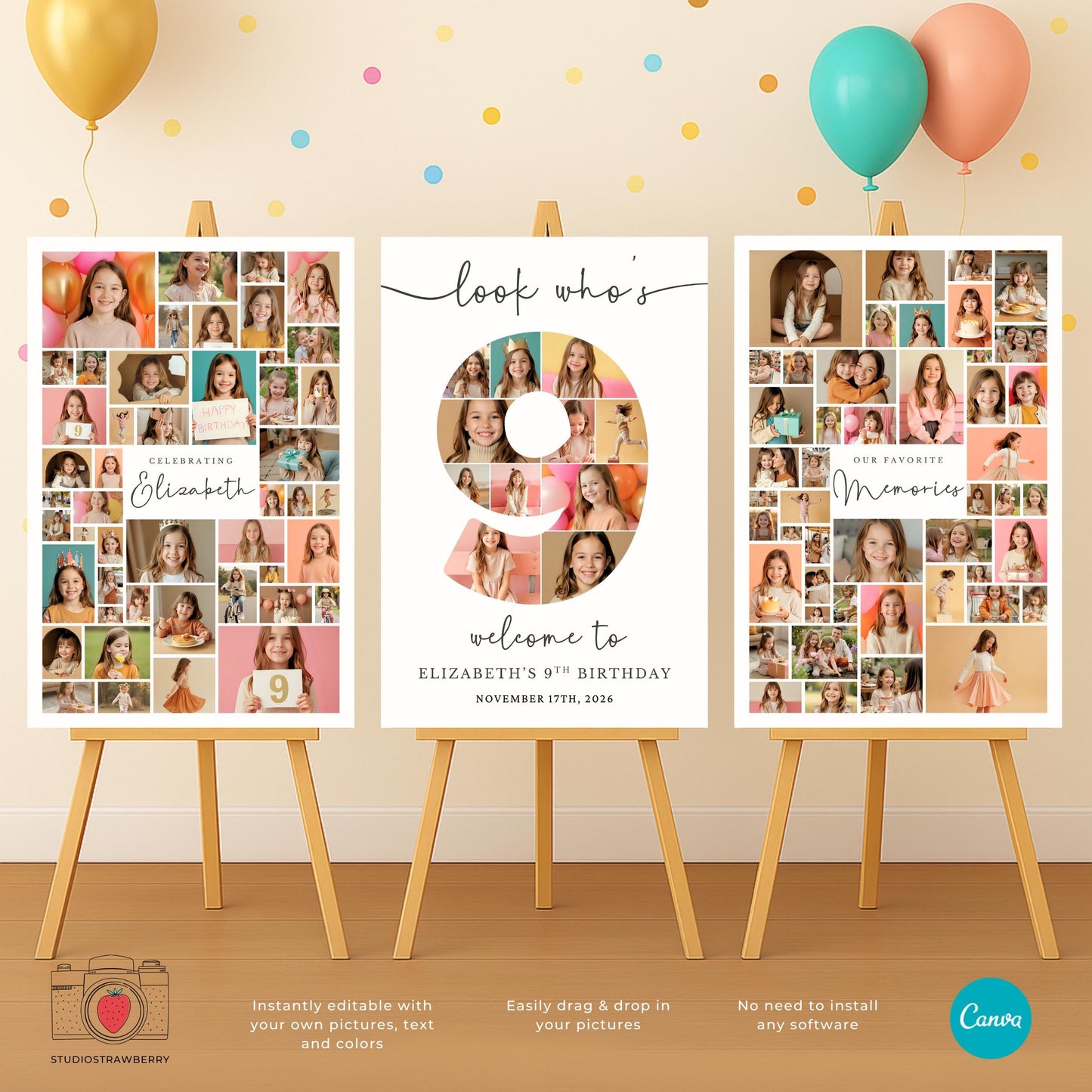 Printable 9 year old birthday photo sign