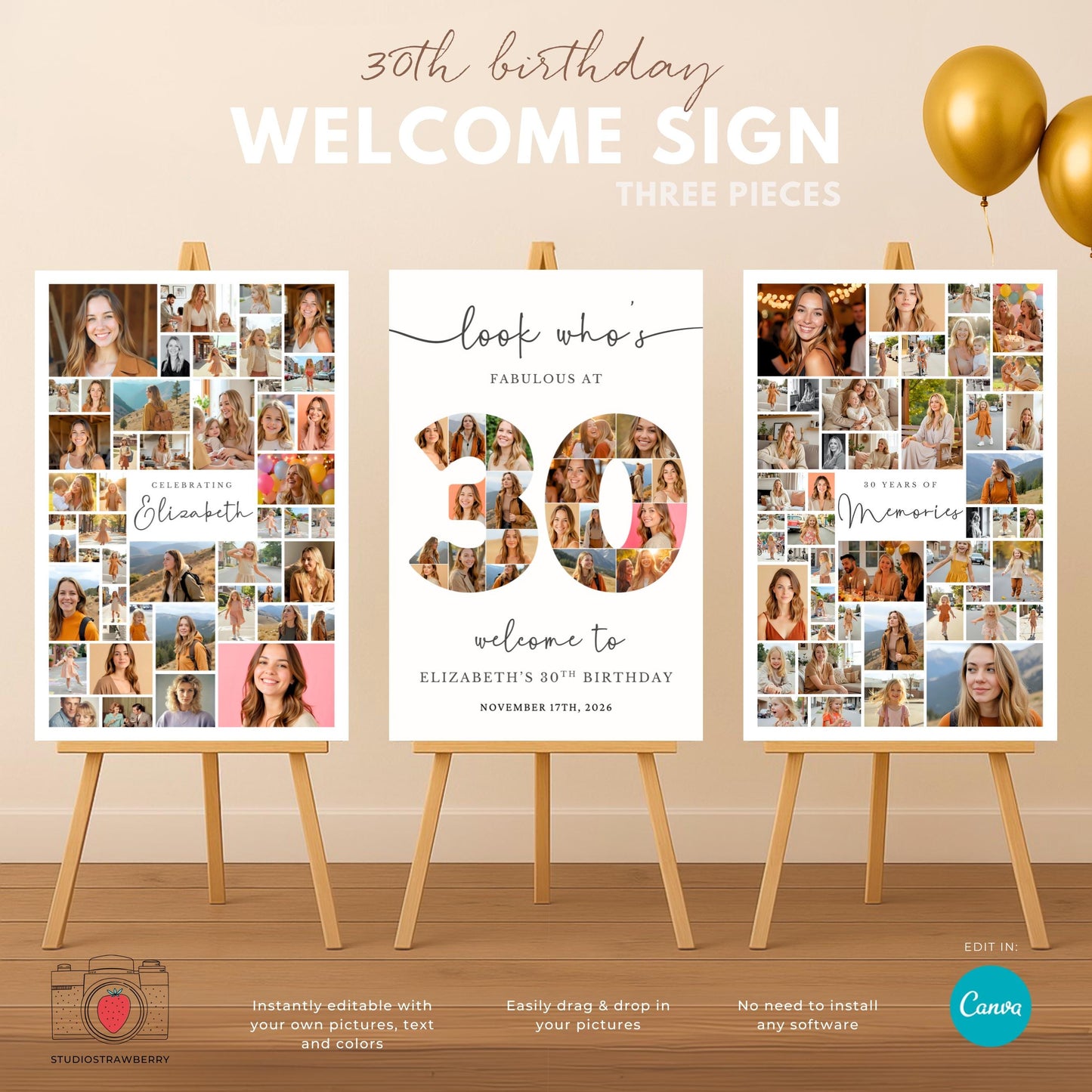 Editable 30th birthday photo collage sign with multiple pictures and personalized text