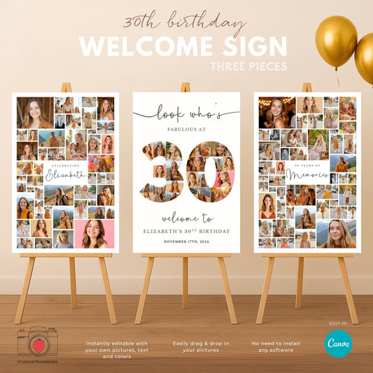Editable 30th birthday photo collage sign with multiple pictures and personalized text