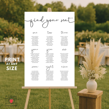 Editable wedding seating chart template with calligraphy design in outdoor setting