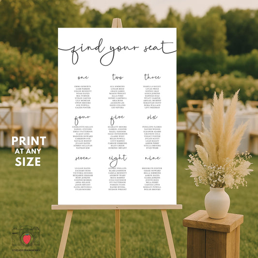 Editable wedding seating chart template with calligraphy design in outdoor setting