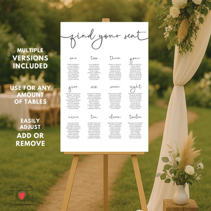 Printable wedding seating sign in Canva with easy-to-edit table names