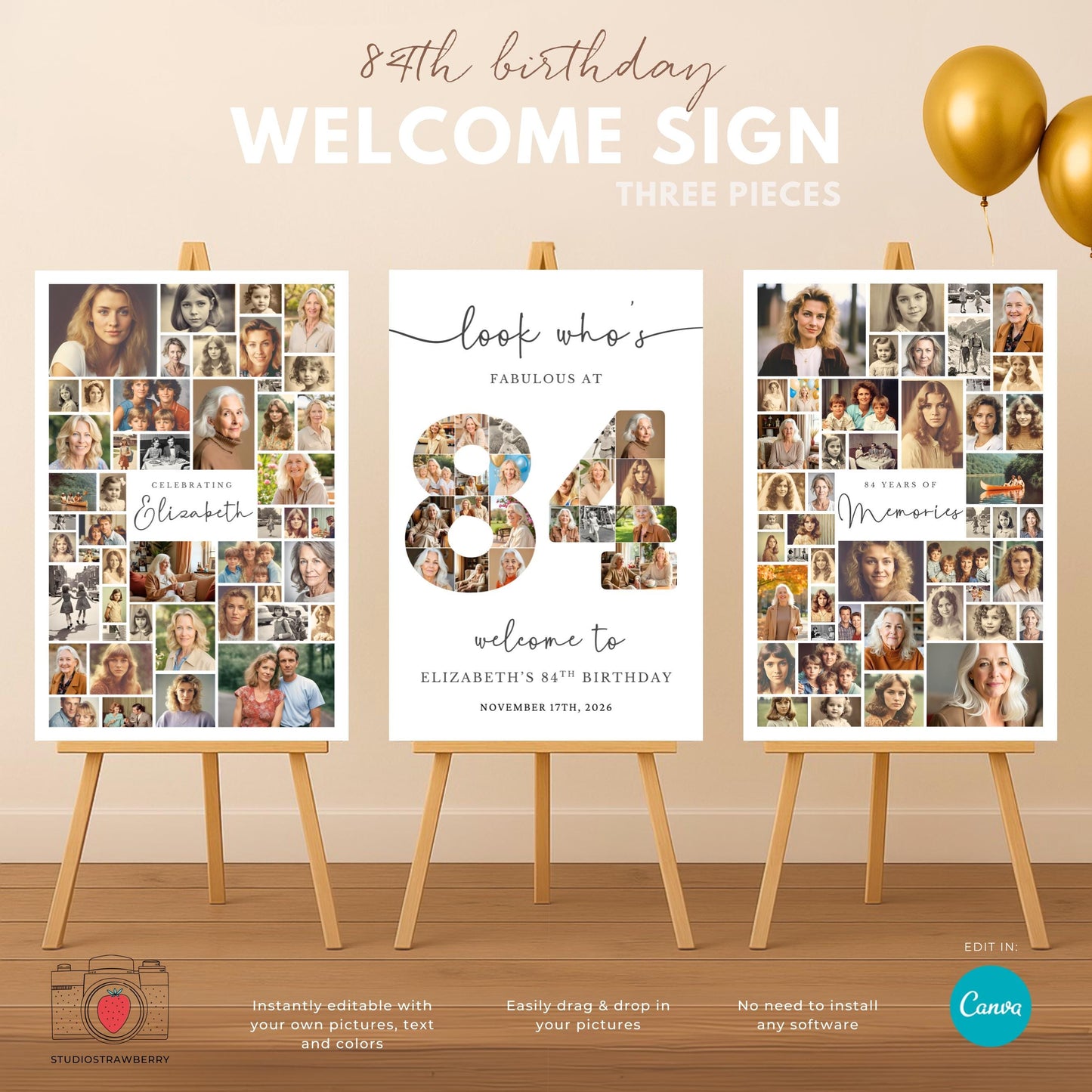 Editable 84th birthday welcome sign template with photo collage layout