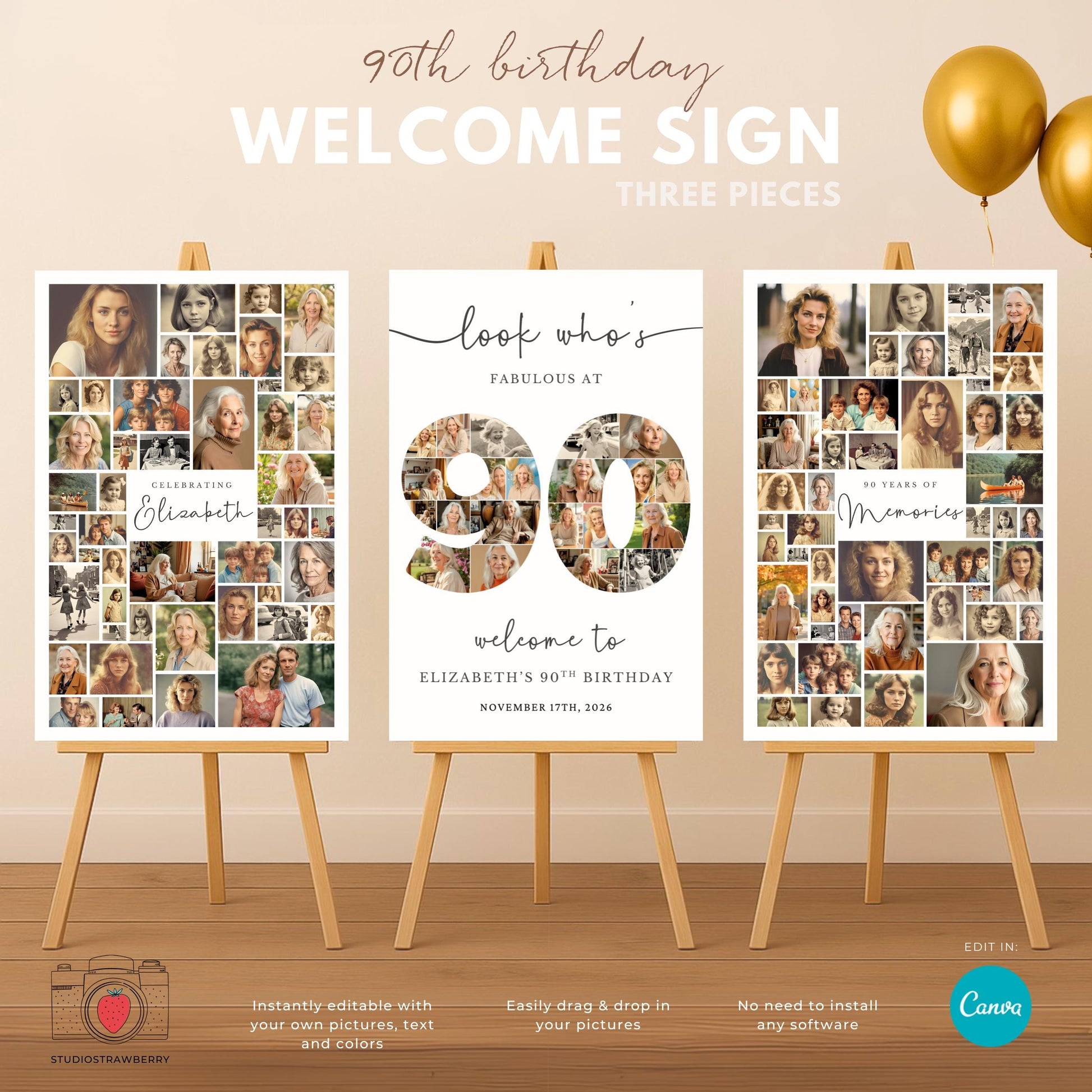 Editable 90th birthday welcome sign template with photo collage