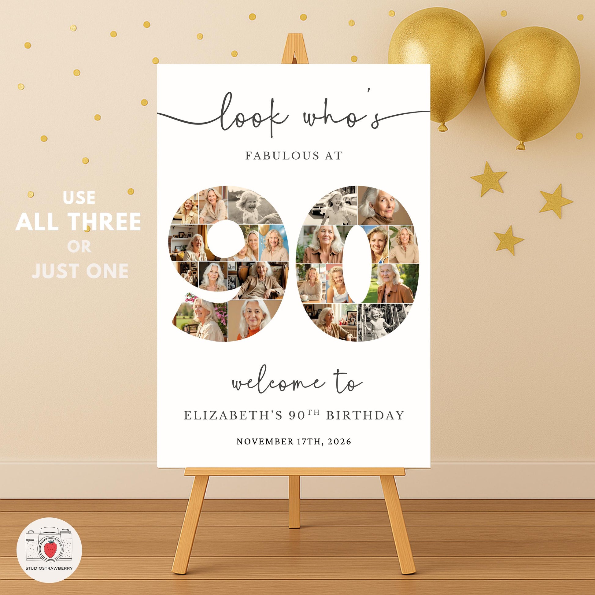 Number collage sign for 90th birthday with editable text