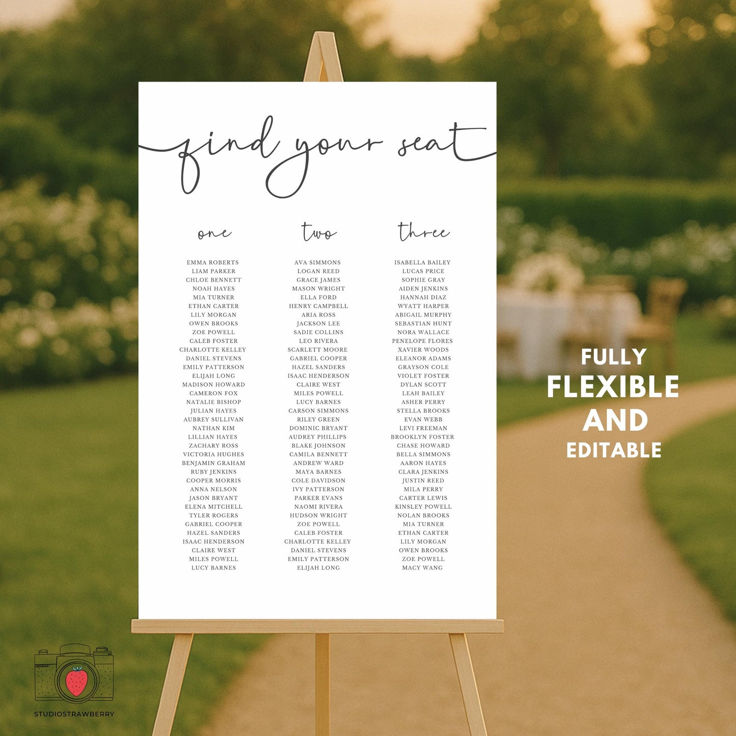 Elegant wedding table seating chart with guest names and minimal design
