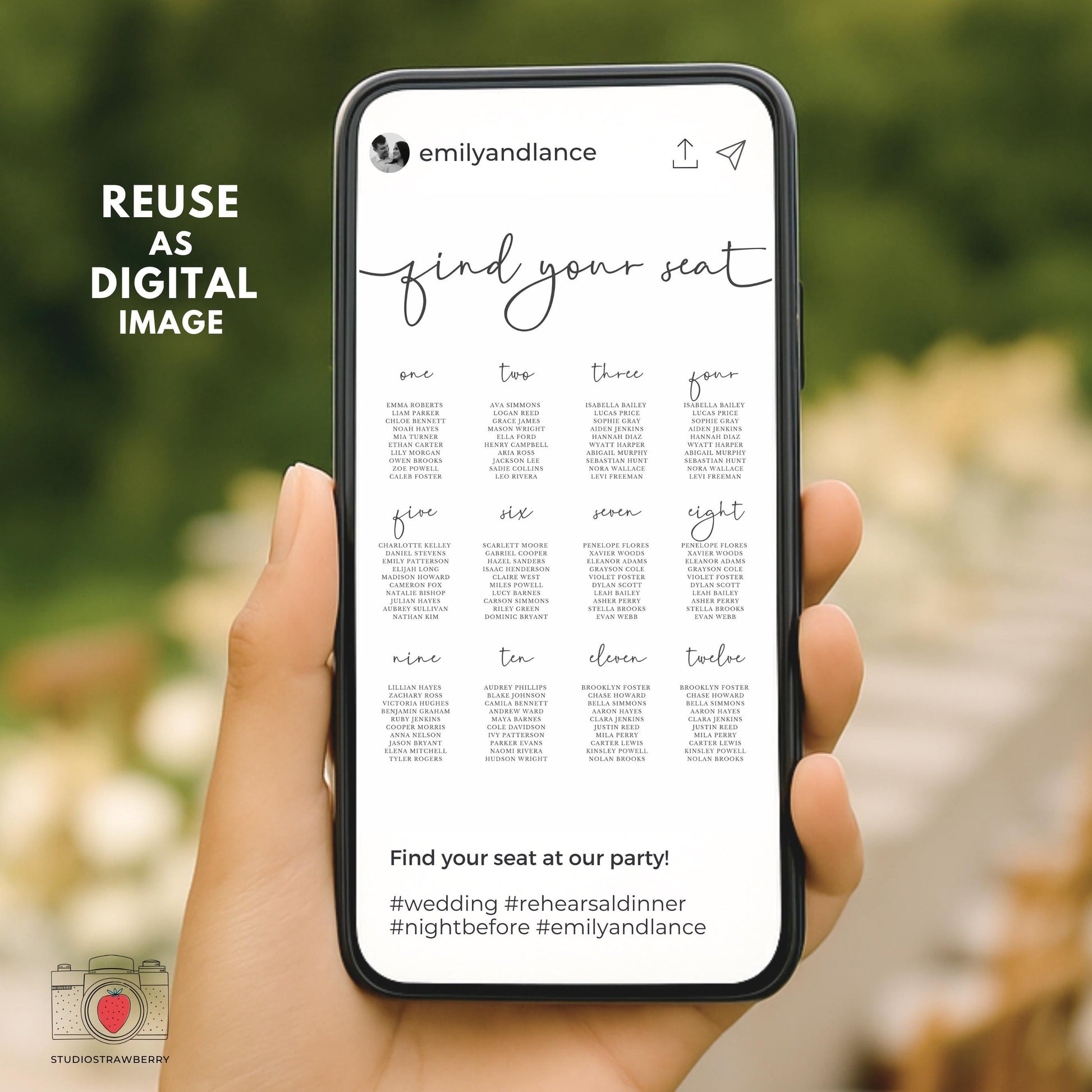 Outdoor wedding reception seating sign with rustic decor