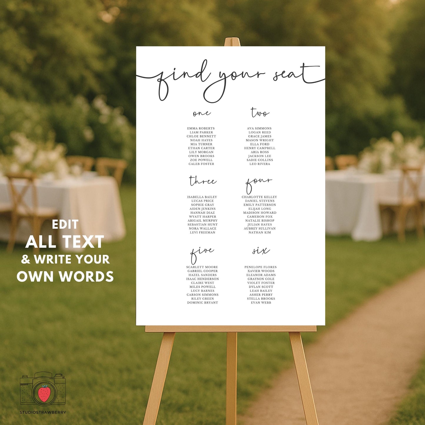 Modern calligraphy seating plan template displayed on wooden easel at wedding