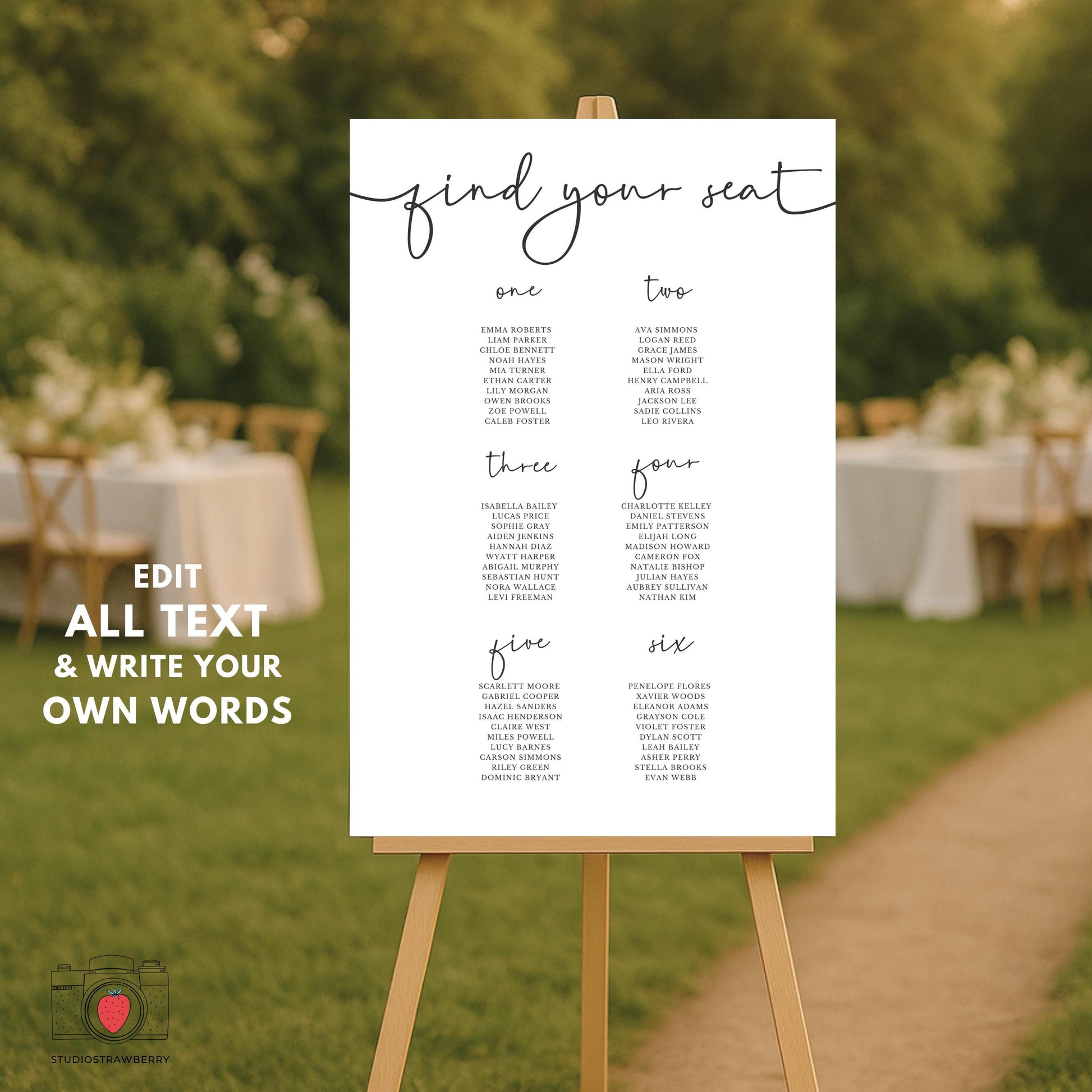 Modern calligraphy seating plan template displayed on wooden easel at wedding