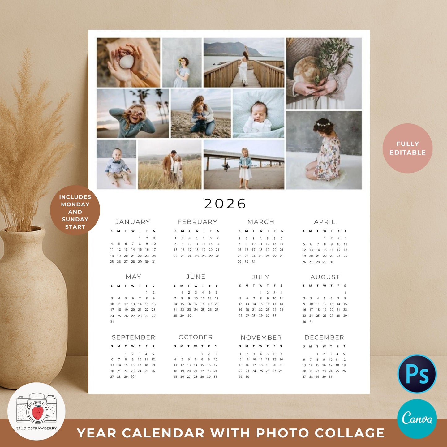 Editable 2026 photo calendar template featuring a collage of family pictures
